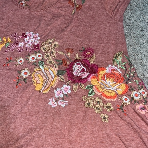 Johnny Was JWLA Embroidered Floral Scoop Neck Relaxed Tunic Tee Shirt Rust L - Picture 3 of 9